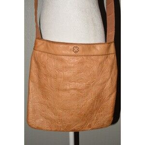 Lucky Brand Tooled Leather Crossbody Bag Tan Floral Embossed Shoulder Purse